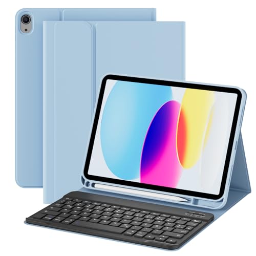 ZOPSGYU Hülle mit Tastatur für iPad 11 Generation A16/10 Generation (11/10.9 Zoll 2025/2022), QWERTZ Layout Abnehmbare Kabellose Bluetooth Tastatur Hülle für iPad 10. Generation, Hellblau von ZOPSGYU