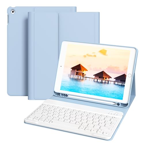 ZOPSGYU Hülle mit Tastatur für iPad 9./ 8./ 7.Generation (2021/2020/ 2019) 10,2 Zoll, Abnehmbare Kabellose Bluetooth Tastatur Schutzhülle, QWERTZ Deutsches Layout, Hellblau von ZOPSGYU