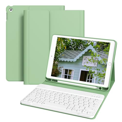 ZOPSGYU Hülle mit Tastatur für iPad 9./ 8./ 7.Generation (2021/2020/ 2019) 10,2 Zoll, Abnehmbare Kabellose Bluetooth Tastatur Schutzhülle, QWERTZ Deutsches Layout, Matcha Grün von ZOPSGYU