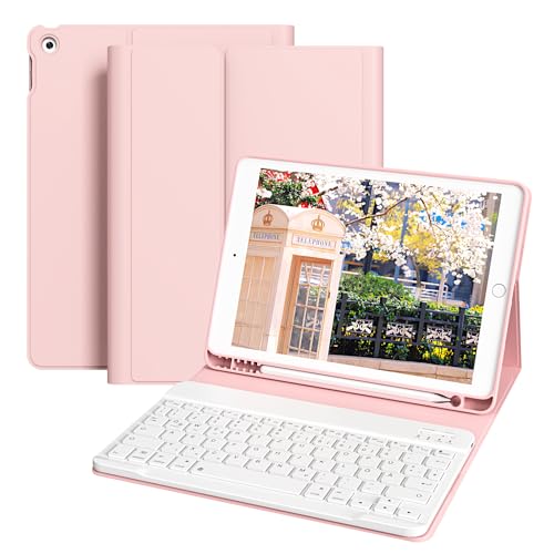ZOPSGYU Hülle mit Tastatur für iPad 9./ 8./ 7.Generation (2021/2020/ 2019) 10,2 Zoll, Abnehmbare Kabellose Bluetooth Tastatur Schutzhülle, QWERTZ Deutsches Layout, Rosa von ZOPSGYU