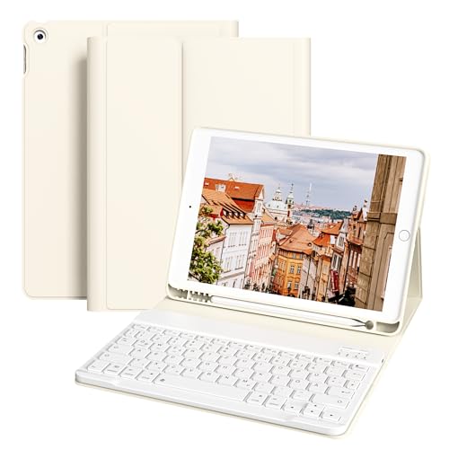 ZOPSGYU Hülle mit Tastatur für iPad 9 Generation 10,2 Zoll & 8. Gen & 7. Gen, Abnehmbare Kabellose Bluetooth Tastatur Schutzhülle, QWERTZ Deutsches Layout, Weiß von ZOPSGYU