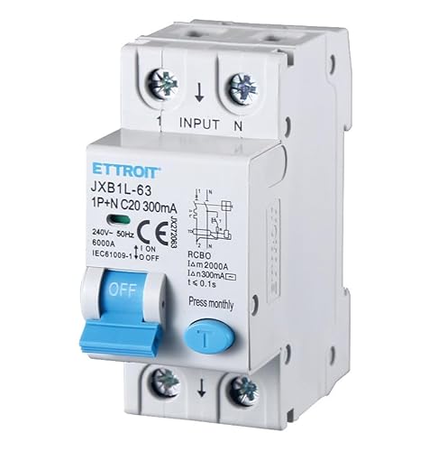 ZOREI Leistungsschalter 300 mA, 1P+N 6 KA 220 V, Belegt 2 DIN-Module, RCBO 1P+N 300 mA C20 20 A von ZOREI