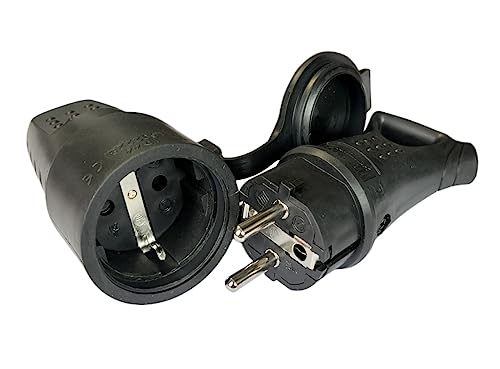 ZOREI 2 Stück, Schukostecker aus Gummi, fliegender Schuko-Stecker aus Gummi, wasserdicht IP44, 16 A 250 V Max 3500 W (1 Stecker + 1 Steckdose), Schwarz von Buosha