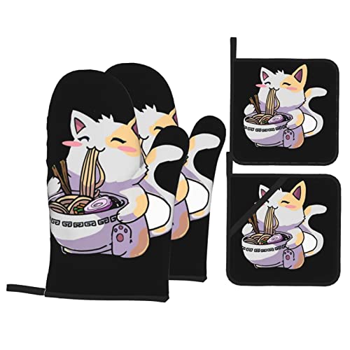 Ofenhandschuhe und Topflappen Sets Kawaii Anime Katze Essen Ramen Hitzebeständige Küche Backhandschuhe rutschfeste Oberfläche zum Kochen Backen Grillen Grillen von ZORIN