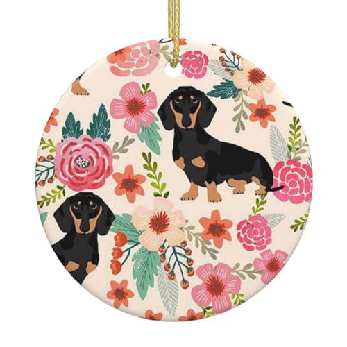 Weihnachtsschmuck für Baumdekoration, Dackel, Hund und Blumen, weiße Keramik, hängende Christbaumschmuck, Kugel, Heimdekoration (kreisförmig) von ZORIN