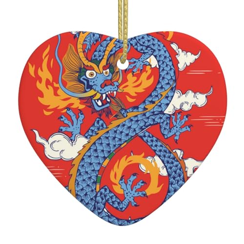 Weihnachtsschmuck für Baumdekoration, traditioneller chinesischer orientalischer Drache, weiße Keramik, zum Aufhängen, Weihnachtsbaumschmuck, Kugel, Heimdekoration (Herzform) von ZORIN