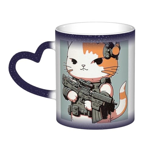 ZORIN Farbwechsel-Tasse, Kaffeetasse, Keramik, Kaffeetassen, niedliche Armeekatze mit Gewehr, kreativer Sternenhimmel, magische Teetasse, Urlaub, Geburtstagsgeschenk, für Männer und Frauen (blau) von ZORIN