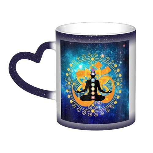 ZORIN Keramik-Kaffeetasse mit Sternenhimmel, heiße Hitze, Farbwechsel, Galaxie, Yoga, Lotus, Pose mit Chakra, wärmeempfindliche Tassen, Trinkbecher, magischer Urlaub, Geburtstagsgeschenk, für Männer von ZORIN