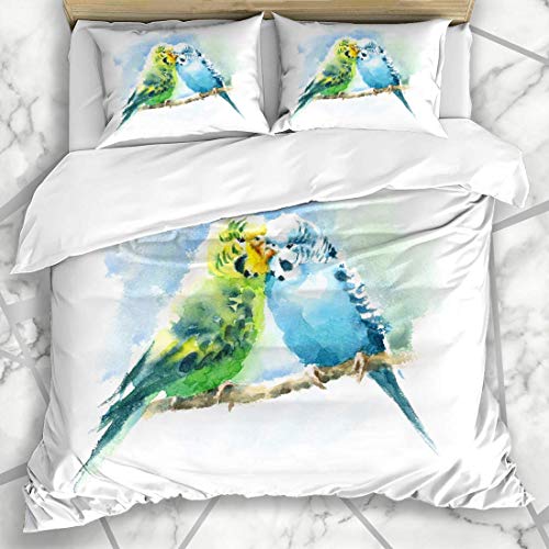 ZORMIEY Bettwäsche - Bettwäscheset Haustier-Sittich-Aquarell-Vogel-grün-Blaue Wellensittich Budgie-Paar-Liebes-Malerei gezeichnet Mikrofaser weich dreiteilig Mit 2 Kissenbezügen 135 * 200 von ZORMIEY