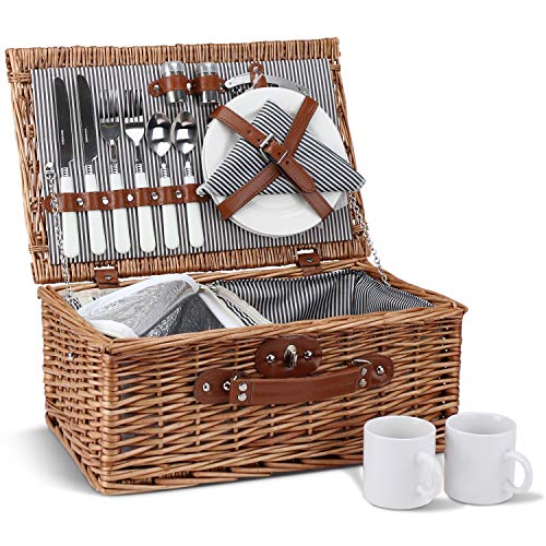 2 Personen Wicker Picknickkorb Set mit isoliertem Kühler, Picknickkorb mit Bechern, Besteck, Weingläsern, Tellern und Servietten von ZORMY