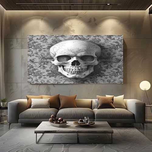 Horror Schädel Wandbilder Dekoration Wohnzimmer Leinwand Bilder 60x120cm mit RahmenBarock Totenkopf Leinwandbild Schlafzimmer Deko Gotik Skelett Groß Kunstdruck Art Wanddeko Bild Decor Canvas von ZORYAN