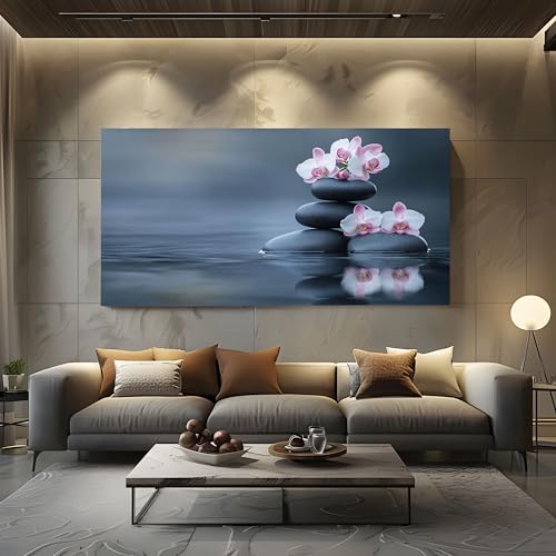 ZORYAN Wandbilder Wohnzimmer Botanischer Orchidee Leinwandbilder, Moderne Deko mit Elegant Wasser Kunstdruck Meditation Stein Wanddeko Art Poster Ungerahmt 50x100 cm von ZORYAN