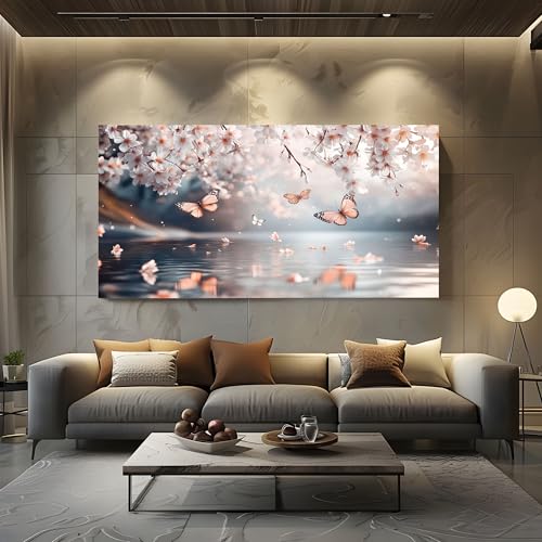 ZORYAN Wandbilder Wohnzimmer Japanische Kirschblüte Leinwandbilder, Moderne Deko mit Frühling Schmetterling Kunstdruck Fantasie See Wanddeko Art Poster Ungerahmt 50x100 cm von ZORYAN