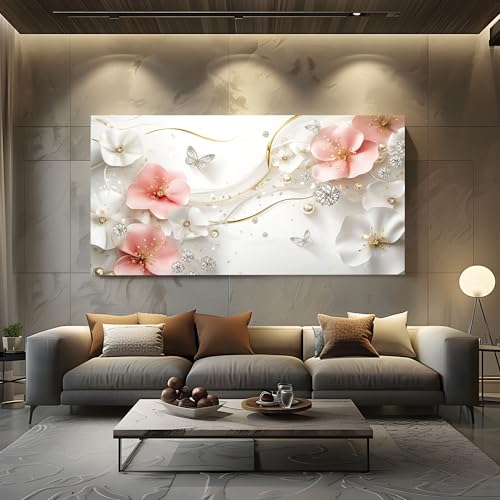 ZORYAN Wandbilder Wohnzimmer Luxuriöse Blumen Leinwandbilder, Moderne Deko mit D Stil Schmetterling Kunstdruck Elegant Perle Wanddeko Art Poster Ungerahmt 50x100 cm von ZORYAN