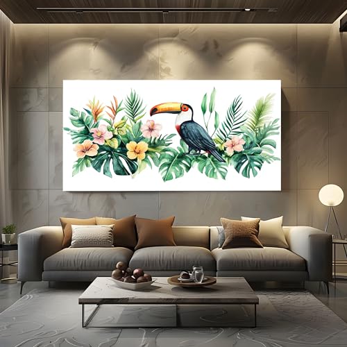 ZORYAN Wandbilder für Wohnzimmer Tropisch Tukan Modern Leinwandbilder Botanisch Blume Kunstdruck Poster Aquarell Palmblatt Wanddeko für Schlafzimmer - Ungerahmt 70x140 cm von ZORYAN