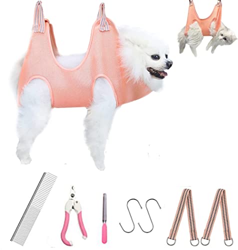 ZOSEN Haustierpflege Hängematte für Kleine Hunde und Katzen, Pflegegeschirr Set Hundeschlinge mit Nagelknipser/Nagelfeile/Haustierkamm (Pink, S) von ZOSEN