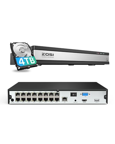ZOSI 16CH 4K PoE NVR mit 4TB Festplatte, Videoüberwachung Rekorder für IP PoE Kamera 2MP/3MP/4MP/5MP/8MP 4K, Funktioniert Nur mit ZOSI PoE Kameras von ZOSI