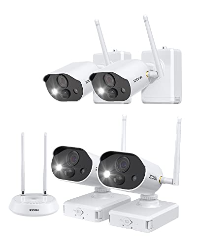 ZOSI 2K 3MP Kabellos Aussen Akku Überwachungskamera Set, 4X 3MP WLAN Kamera Batteriebetrieben mit Basisstation 32GB Karte, Spotlight, 2-Wege-Audio, Personenerkennung, C309 von ZOSI