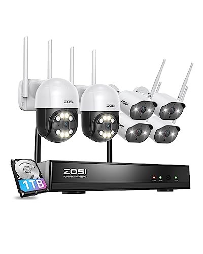 ZOSI 2K Außen WLAN Überwachungskamera Set, 4X 3MP Bullet und 2X Pan Tilt Dome Kameras mit 8CH 5MP 1TB HDD NVR, Zwei-Wege-Audio, 24/7 Videoaufzeichnung, Personen- und Bewegungserkennung von ZOSI