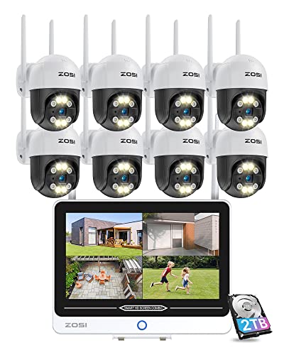 ZOSI 2K Überwachungskamera Set Aussen WLAN mit 12.5" Monitor, 8X 3MP Pan/Tilt Überwachungskamera Outdoor mit Spotlight, 8CH 2TB NVR, 2 Wege Audio, Nachtsicht in Farbe von ZOSI