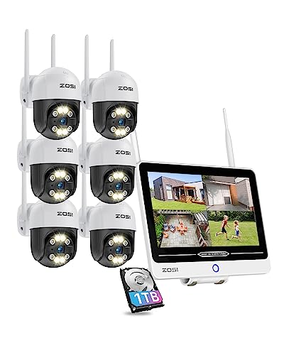 ZOSI 3MP Außen WLAN Überwachungskamera Set mit 12,5 Zoll Monitor, 6X Schwenkbar Dome Kamera 355°/140° und 1TB Festplatte für Haussicherheit von ZOSI