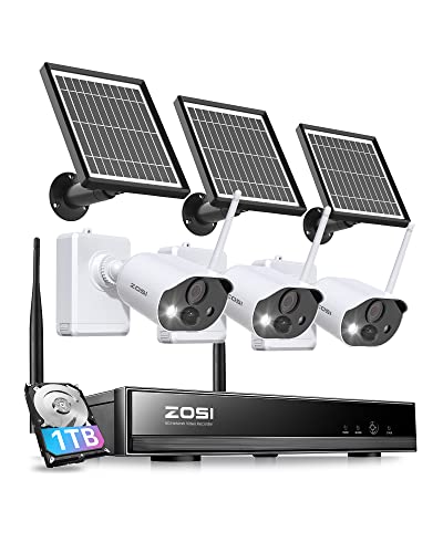 ZOSI 3MP Drahtlos Überwachungskamera Set mit Solarpanel, 3X WLAN Aussen Batteriekamera Set mit 8CH 1TB NVR, PIR-Bewegungsmelder, 2-Wege-Audio, Ton- und Lichtalarm, Farbige Nachtsicht, C306 Pro von ZOSI
