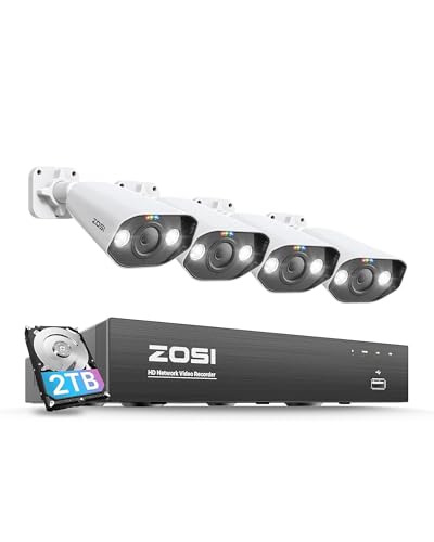 ZOSI 4K PoE Überwachungskamera Set mit 8CH 2TB HDD NVR und 4X 8MP Outdoor PoE IP Kamera, Personenerkennung, Farbe Nachtsicht, Flutlicht Außen Smart Videoüberwachung System von ZOSI
