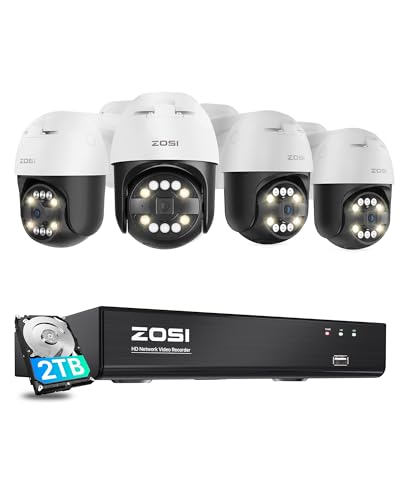 ZOSI 4K PoE Überwachungskamera Aussen Set, 4X 355°/140° Schwenkbare 8MP IP Kamera Überwachung System mit 8CH 2TB HDD NVR, Personen-/Fahrzeugerkennung, Auto-Tracking, Farbnachtsicht, 2-Wege Audio von ZOSI