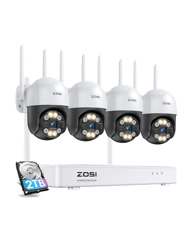 ZOSI 4MP WLAN Überwachungskamera Set Aussen, 4X Pan/Tilt IP Kamera 355°/140° Schwenkbar, 8CH NVR mit 2TB HDD, KI Personen- und Fahrzeugerkennung, Farb-Nachtsicht von ZOSI