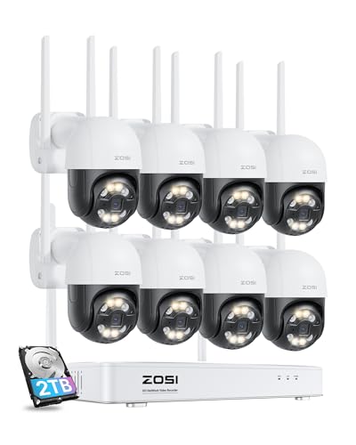 ZOSI 4MP WLAN Überwachungskamera Set Aussen, 8X Pan/Tilt IP Domekamera 355°/140° Schwenkbar, 8CH NVR mit 2TB HDD, KI Personen- und Fahrzeugerkennung, Farb-Nachtsicht von ZOSI