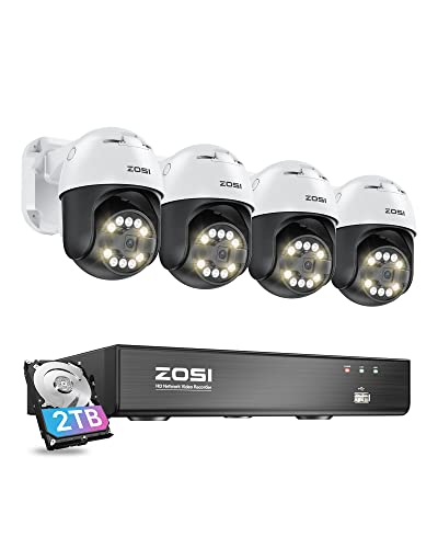 ZOSI 5MP PoE Überwachungskamera Set Aussen, 4X 355°/140° Schwenkbar IP Dome Kamera und 8CH 4K PoE NVR mit 2TB HDD, 2-Wege-Audio, Ton- und Lichtalarm von ZOSI