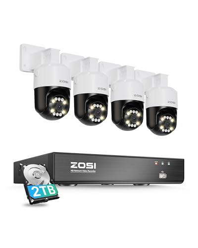 ZOSI 5MP PoE Überwachungskamera Set Aussen, 8CH 4K NVR mit 2TB HDD, 4X Pan/Tilt PoE IP Kameras, Personen-/Fahrzeugerkennung, Auto-Tracking, C296 von ZOSI