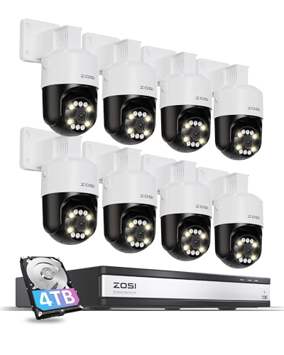 ZOSI 5MP Überwachungskamera Aussen Set mit 8X 360° Pan Tilt PoE IP Kameras, 16CH 4TB HDD NVR Recorder, KI Personen- und Fahrzeugerkennung, Auto Tracking, Farbnachtsicht von ZOSI