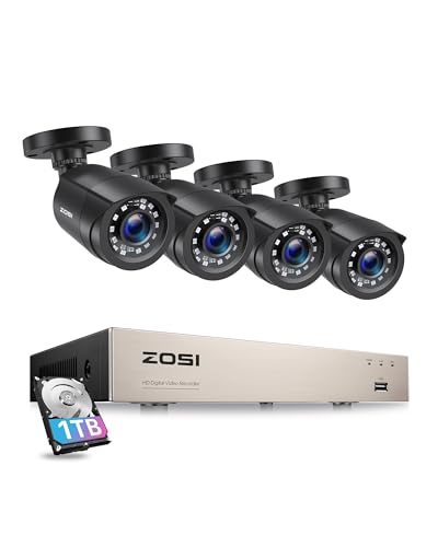 ZOSI 1080p Außen Video Überwachungskamera Set mit Kabel,8CH 5MP Lite DVR Recorder mit 1TB Festplatte und 4 Outdoor 2MP Sicherheitskamera System, Bewegungserkennung von ZOSI