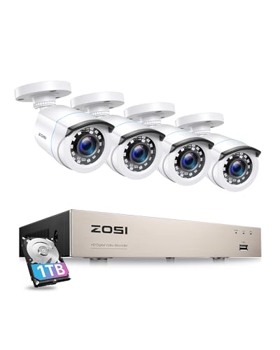 ZOSI 1080P Aussen Verkabelt Überwachungskamera Set mit 1TB HDD, 8CH H.265+ DVR, 4X 2MP Kabelgebunden Outdoor Bullet Kamera mit BNC Kabel, 24/7 Videoaufzeichnung von ZOSI