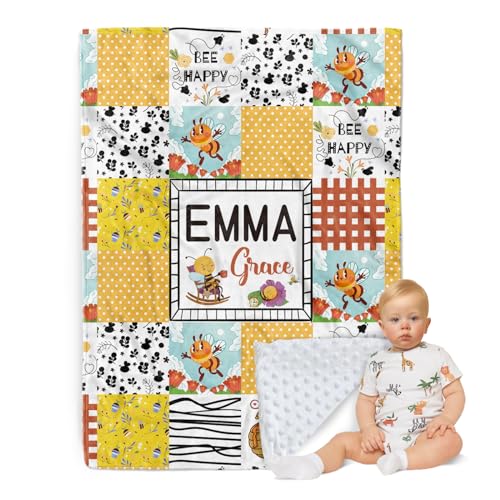 ZOTIMEF Personalisierte Babydecke - Individueller Name mit Tiermotiven Karo-Design - Patchwork Weiche Kuscheldecke mit Doppellagiger Gepunkteter Rückseite für Jungen Mädchen Geschenke Farbe02-Biene von ZOTIMEF