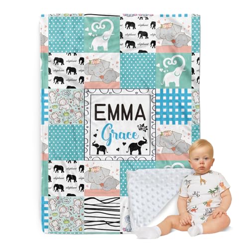 ZOTIMEF Personalisierte Babydecke - Individueller Name mit Tiermotiven Karo-Design - Patchwork Weiche Kuscheldecke mit Doppellagiger Gepunkteter Rückseite für Jungen Mädchen Geschenke Farbe08-Elefant von ZOTIMEF