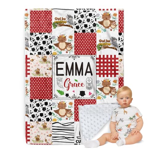 Personalisierte Babydecke - Individueller Name mit Tiermotiven Karo-Design - Patchwork Weiche Kuscheldecke mit Doppellagiger Gepunkteter Rückseite für Jungen Mädchen Geschenke Farbe16-Eule von ZOTIMEF
