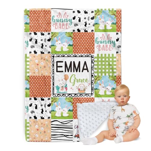 ZOTIMEF Personalisierte Babydecke - Individueller Name mit Tiermotiven Karo-Design - Patchwork Weiche Kuscheldecke mit Doppellagiger Gepunkteter Rückseite für Jungen Mädchen Geschenke Farbe19-Hase von ZOTIMEF