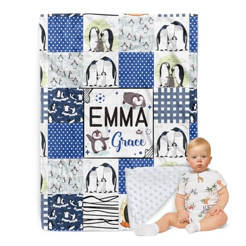 ZOTIMEF Personalisiertes Babydecke - Individueller Name mit Tiermotiven Karo-Design - Patchwork Weiche Kuscheldecke mit Doppelschicht Punktrückseite für Jungen Mädchen Geschenke Farbe18-Pinguin von ZOTIMEF