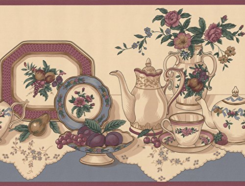 Tisch mit Tee Party Set Früchte Küche beige breit Tapete Bordüre Retro Design, Rolle 15 'x 22,9 cm von Retro Art