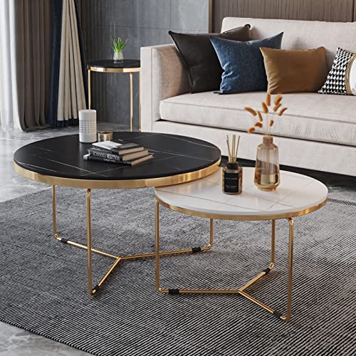 ZOUTYI Runder Couchtisch im 2er-Set, Moderne Wohnzimmer-Beistelltische mit Marmorplatte und stabilem Metallrahmen, hochglänzender stapelbarer Akzenttisch für kleine Räume im Schlafzimmer, 24" und 1 von ZOUTYI