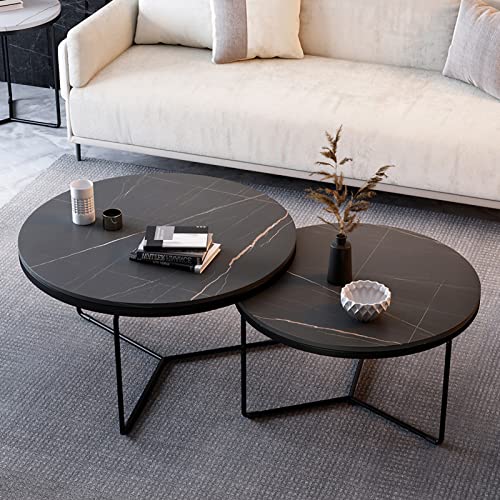 ZOUTYI Runder Couchtisch im 2er-Set, Moderne Wohnzimmer-Beistelltische mit Marmorplatte und stabilem Metallrahmen, hochglänzender stapelbarer Akzenttisch für kleine Räume im Schlafzimmer, 24" und 1 von ZOUTYI