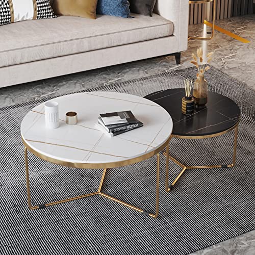 ZOUTYI Runder Couchtisch im 2er-Set, Moderne Wohnzimmer-Beistelltische mit Marmorplatte und stabilem Metallrahmen, hochglänzender stapelbarer Akzenttisch für kleine Räume im Schlafzimmer, 24" und 1 von ZOUTYI