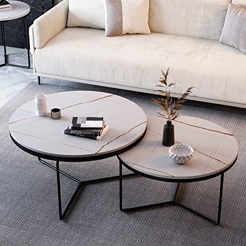 ZOUTYI Runder Couchtisch im 2er-Set, Moderne Wohnzimmer-Beistelltische mit Marmorplatte und stabilem Metallrahmen, hochglänzender stapelbarer Akzenttisch für kleine Räume im Schlafzimmer, 24" und 1 von ZOUTYI