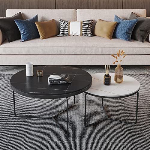 ZOUTYI Runder Couchtisch im 2er-Set, Moderne Wohnzimmer-Beistelltische mit Marmorplatte und stabilem Metallrahmen, hochglänzender stapelbarer Akzenttisch für kleine Räume im Schlafzimmer, 24" und 1 von ZOUTYI
