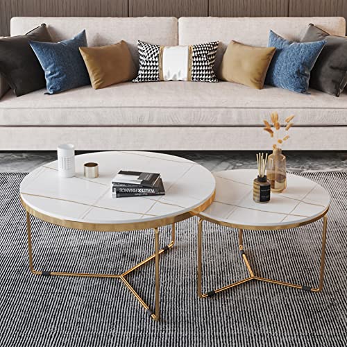 ZOUTYI Runder Couchtisch im 2er-Set, Moderne Wohnzimmer-Beistelltische mit Marmorplatte und stabilem Metallrahmen, hochglänzender stapelbarer Akzenttisch für kleine Räume im Schlafzimmer, 24" und 1 von ZOUTYI