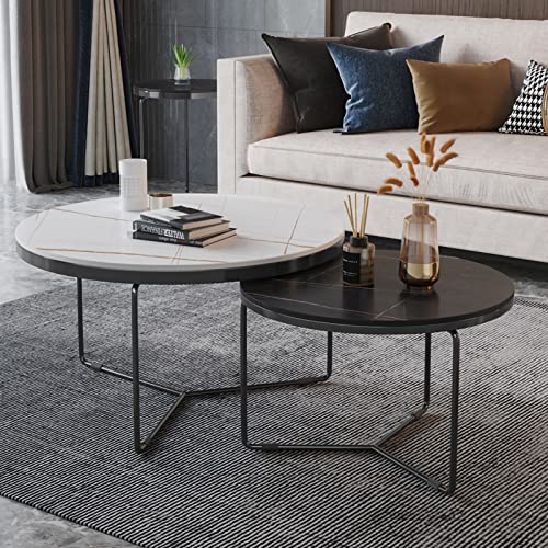 ZOUTYI Runder Couchtisch im 2er-Set, Moderne Wohnzimmer-Beistelltische mit Marmorplatte und stabilem Metallrahmen, hochglänzender stapelbarer Akzenttisch für kleine Räume im Schlafzimmer, 24" und 1 von ZOUTYI