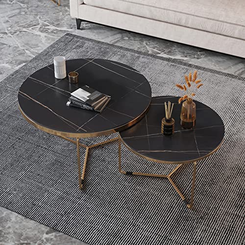 ZOUTYI Runder Couchtisch im 2er-Set, Moderne Wohnzimmer-Beistelltische mit Marmorplatte und stabilem Metallrahmen, hochglänzender stapelbarer Akzenttisch für kleine Räume im Schlafzimmer, 24" und 1 von ZOUTYI