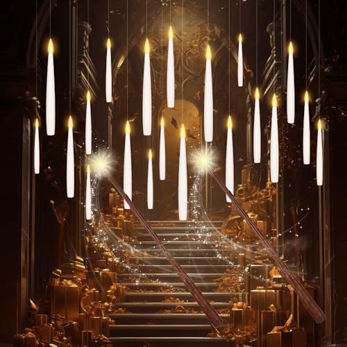 ZOYDP Schwebende Kerzen mit 2 Zauberstab, 20 Stück Floating Candles, Flammenlose LED Fliegende Kerzen, Schwebende Kerzen für Weihnachten Halloween Party Tisch Deko von ZOYDP